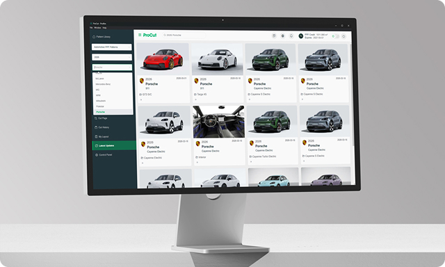 ProCut software interface on a desktop monitor, showing a library of vehicle patterns organised by make and model