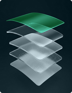 Exploded diagram of paint protection film layers with the cap sheet layer highlighted in green