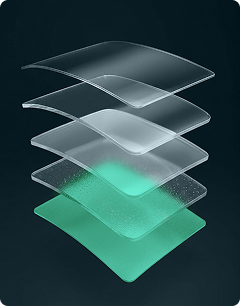 Exploded diagram of paint protection film layers with the release liner layer highlighted in green