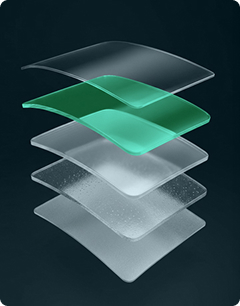 Exploded diagram of paint protection film layers with the top coat layer highlighted in green